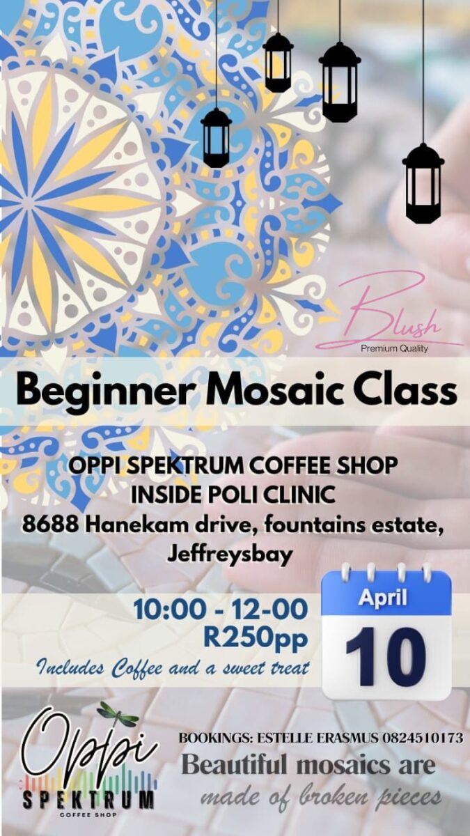 Beginner Mosaic Class at  Oppi Spektrum Coffee Shop in Jeffreys Bay